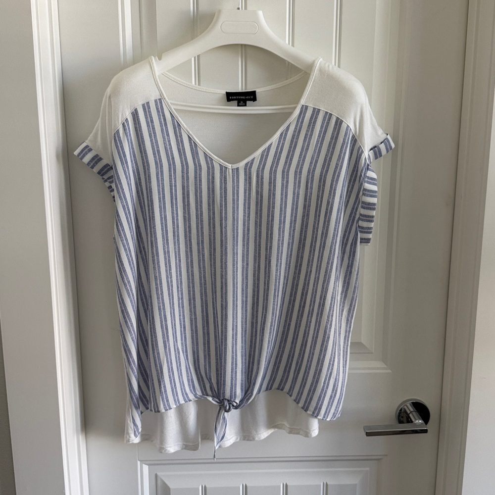 Striped V-Neck Top with Tie Hem
